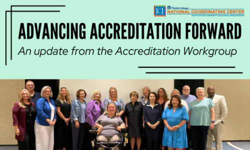 Text reads "Advancing Accreditation Forward: An Update from the Accreditation Workgroup" with a photo of the workgroup from July 2024