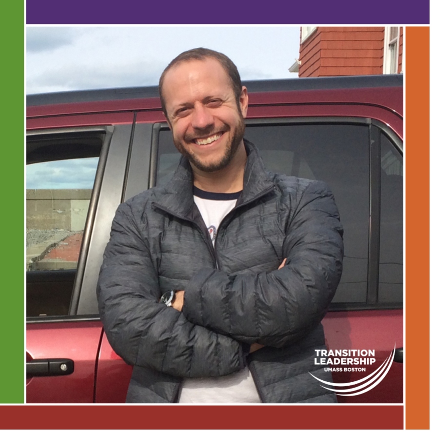 Bobby Nelson smiles with his arms crossed and leans against a red vehicle. Photo is surrounded by ICI logo color bars and the Transition Leadership program logo is in the bottom corner.