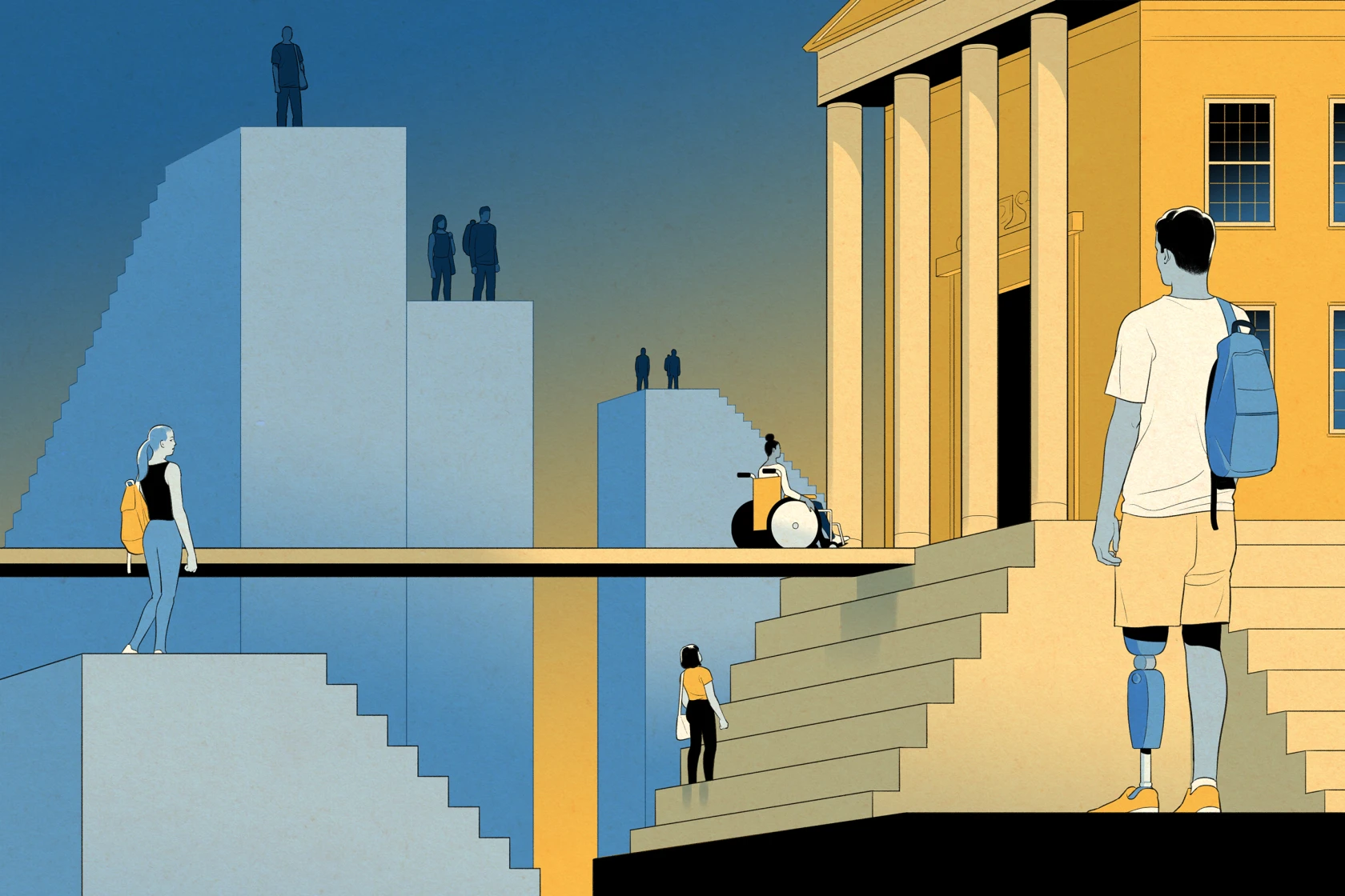 Graphic of various types of students moving around steps and buildings on a college campus.