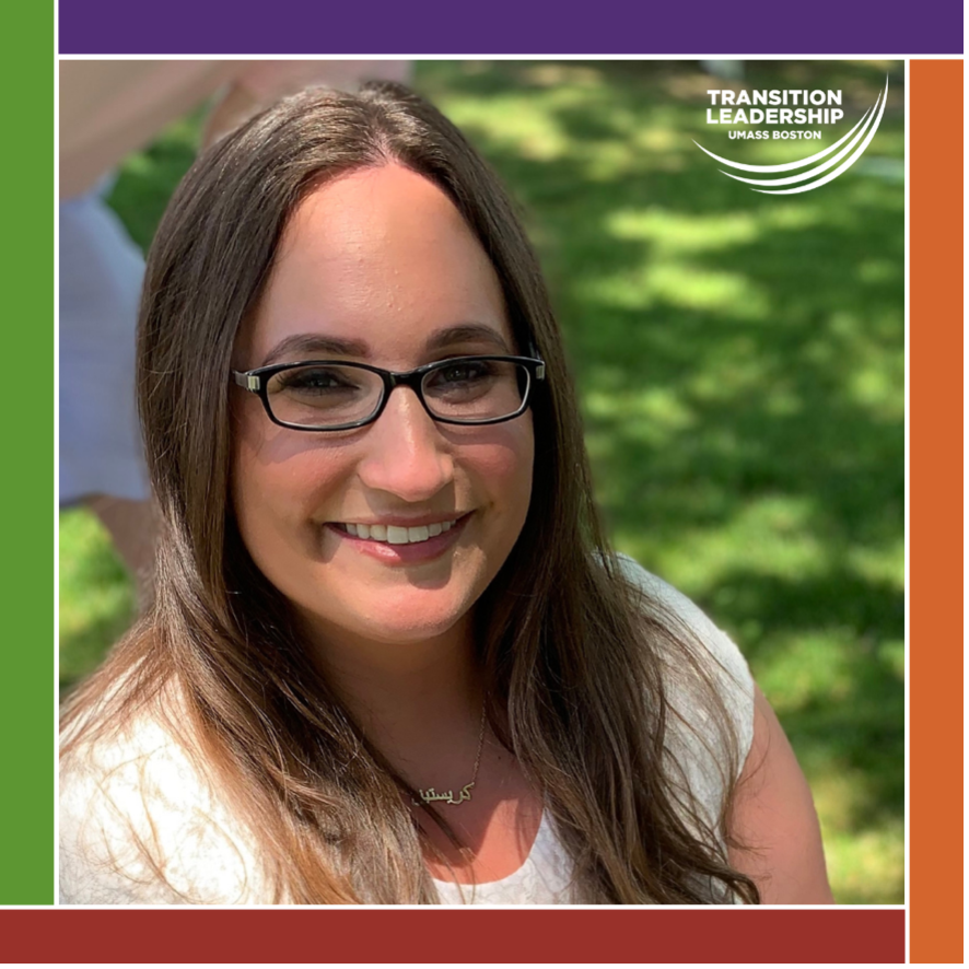Christina Small smiles outside, wearing black glasses. Photo is surrounded by ICI logo color bars and the Transition Leadership program logo is in the top corner.