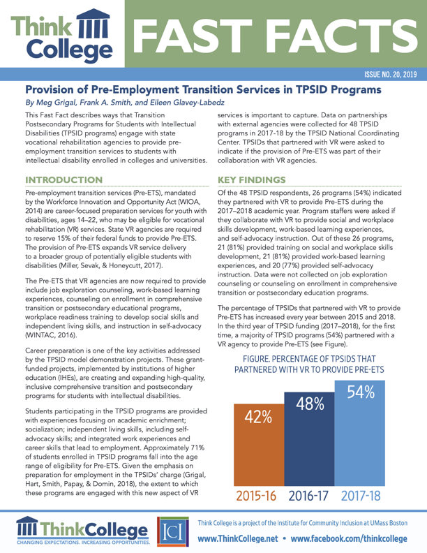 Cover page of provision of pre-employment transition services in TPSID programs 