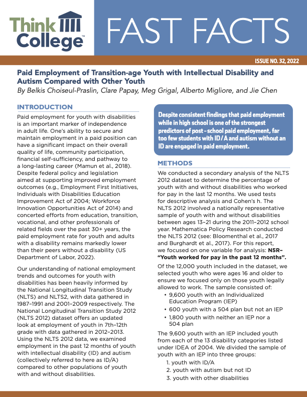 Cover page of fast facts on paid employment of transition age youth with ID and autism