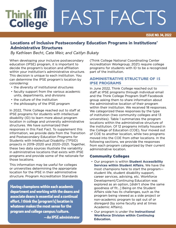 Cover page of fast facts on administrative location of IPSE progarams