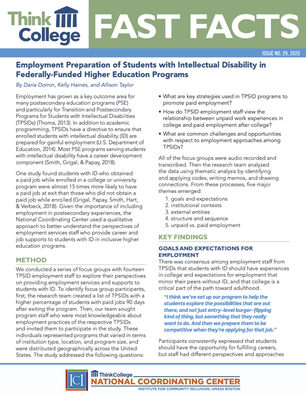 Cover page of fast facts on employment preparation of students with intellectual disability in federally-funded hjigher education programs
