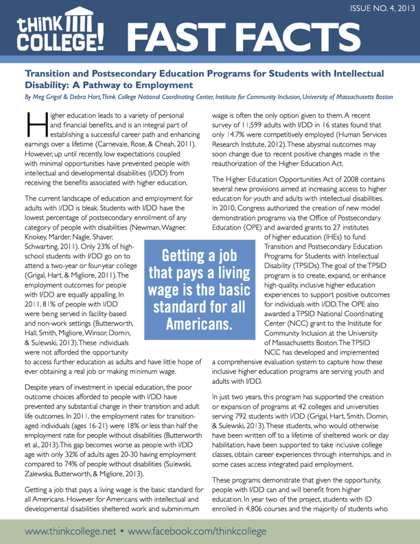 Cover page of fast facts transition and postsecondary education programs for students with intellectual disability a pathway to employment