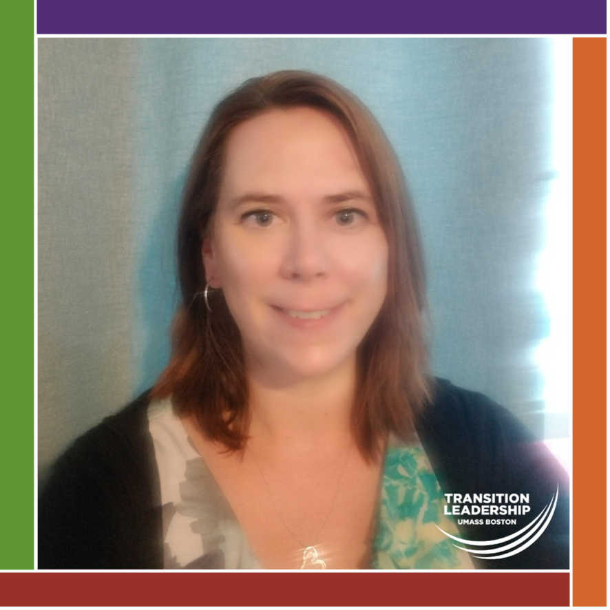 Judy Bean stands smiling in front of a white wall. Photo is surrounded by ICI logo color bars and the Transition Leadership program logo is in the bottom corner.