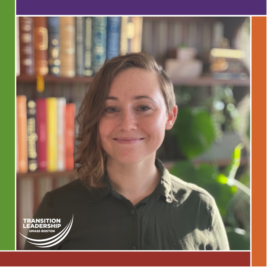 Laine Shields stands smiling in front of a bookcase. Photo is surrounded by ICI logo color bars and the Transition Leadership program logo is in the bottom corner.