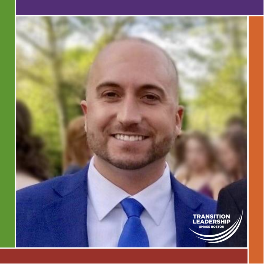 Matthew Scanlon smiling outdoors in a blue tie and blue blazer. Photo is surrounded by ICI logo color bars and the Transition Leadership program logo is in the bottom corner.