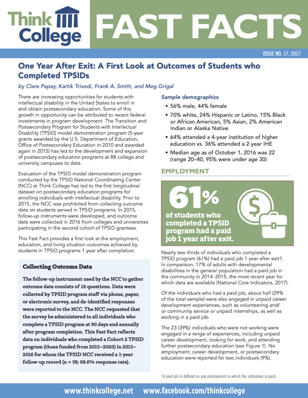 Cover page of fast facts one year after exit a first look at outcomes of students who completed TPSIDs