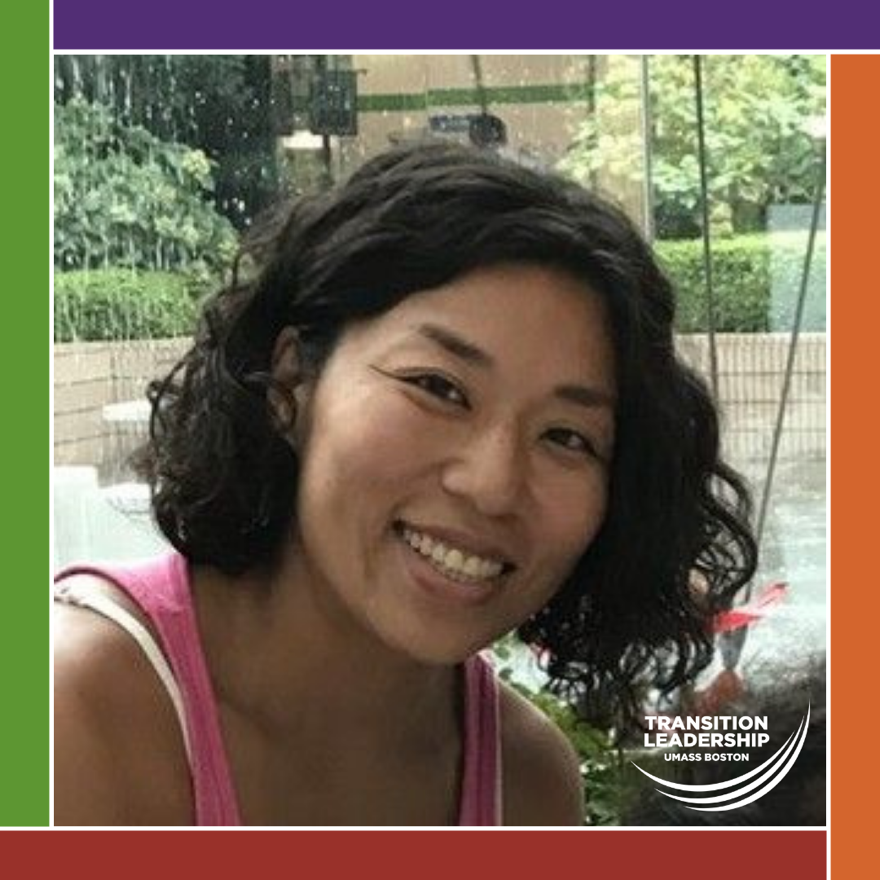 Yuki Nishizawa smiling in a garden. Photo is surrounded by ICI logo color bars and the Transition Leadership program logo is in the bottom corner.