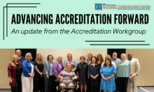Text reads "Advancing Accreditation Forward: An Update from the Accreditation Workgroup" with a photo of the workgroup from July 2024
