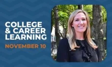Young blond person in black dress with trees behind her