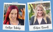 woman with red hair smiling with name Caitlyn below and to right a young woman with blonde hair standing outdoors with name Chelsea