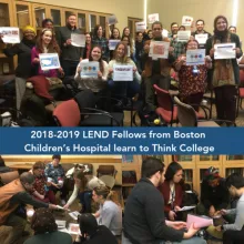 a collage of 3 photos of diverse group of graduate students analyzing & discussing data from Think College 