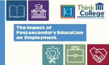 Text reads The Impact of Postsecondary Education on Employment with small icons representing school and work, and the THink College logo in the upper right corner
