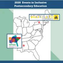 Map of Eastern United States with stars at Tuscaloosa, AL (location of 2020 SEPSEA conference) and Syracuse, NY (location of 2020 State of the Art conference)