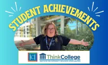 Image of white college woman smiling with arms outstretched. The words Student Achievements appear above her, the Think College logo appears below.