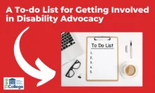 A To-Do List ofr Getting Involved in Disability Advocacy, with an arrow pointing to a desk with a to-do list, computer, glasses