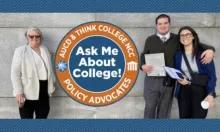 Female in white blazer wearing sunglasses and a student in professional clothing standing with his arm around an adult female and there is the TCPA logo