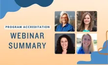 A collage titled "Program Accreditation Webinar Summary" featuring four individual portraits of smiling people. The background is a gradient of light beige with abstract blue and orange shapes.
