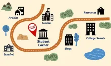 Road map with silhouette of buildings and trees and mountain icons 