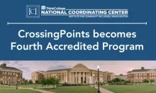 CrossingPoints becomes Fourth Accredited Program on blue background with photo of University of Alabama campus at the bottom