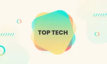 A colorful abstract graphic with overlapping soft shapes in teal, yellow, and coral, centered around the bold text “TOP TECH” on a light background.