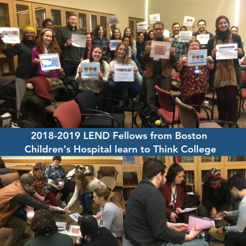 a collage of 3 photos of diverse group of graduate students analyzing & discussing data from Think College 