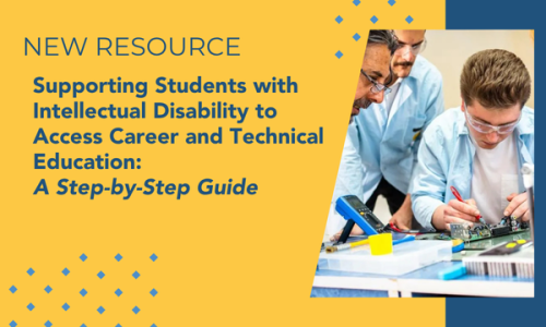Yellow background with blue highlights, photo of a person wearing safety goggles doing electronic work. Text reads New Resource: Supporting students with intellectual disability to access career and technical education: A step-by-step guide