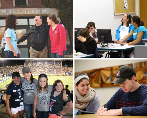 photos of students with disabilities and their peers in 4 settings: 1 on campus, 1 in a learning lab, 1 at a football game, 1 in a classroom
