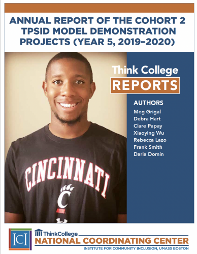 Front page of Annual Report of Cohort 2 TPSID Model Demonstrations Projects (2019-2020), features black male college student wearing Cincinnati shirt