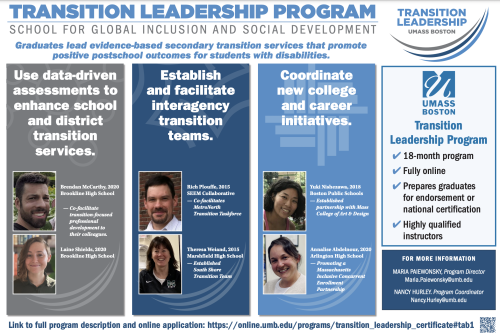 Graphic which includes details of UMB Transition leadership program and testimony from graduates