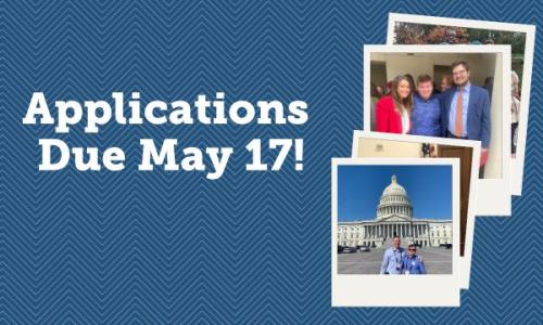applications due may 17 and a collage of students in Washington, DC