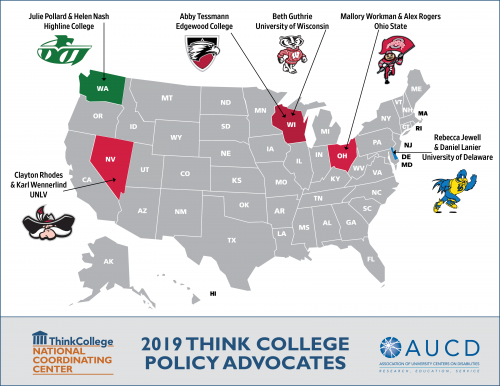 US Map with states highlighted that have teams attending the Disability Policy Seminar
